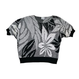 Vtg Y2k Barry & Me Sweatshirt Black & White Floral Knit Dolman Sleeve Blouse